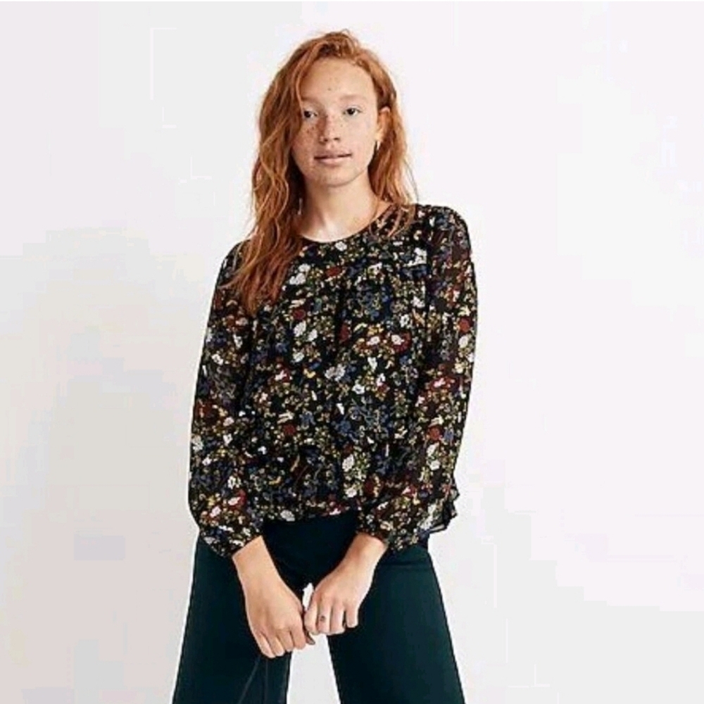 Madewell Sheer-Sleeve Ruffle Peplum Top in Finch Floral Boho Cottage Size XS